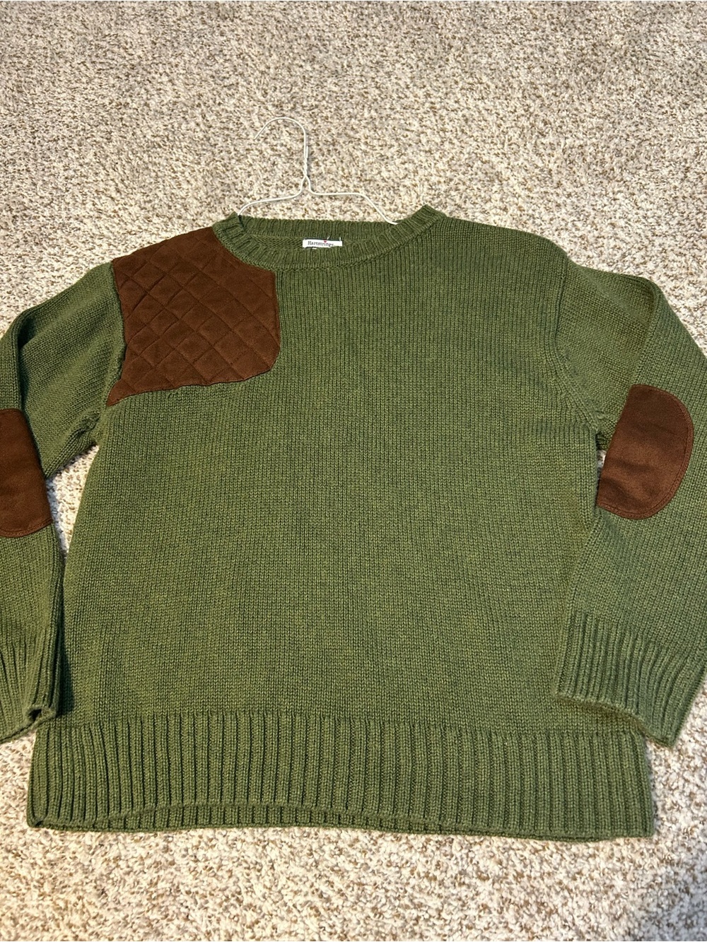 Hartstrings Olive Green Knit Sweater with Brown Quilted Shoulder & Elbow Patches
